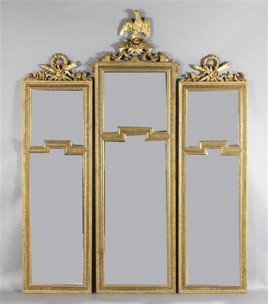 An early 20th century French giltwood and gesso set of three wall mirrors, W.2ft 1in. H.6ft 4in.